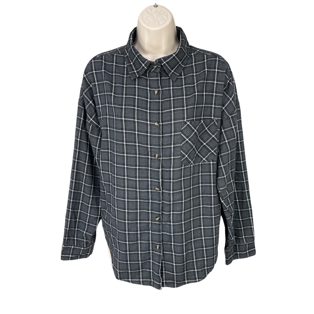 Brandy Melville Shirt Woman Plaid Oversized Grunge Button Shirt One Size Gray